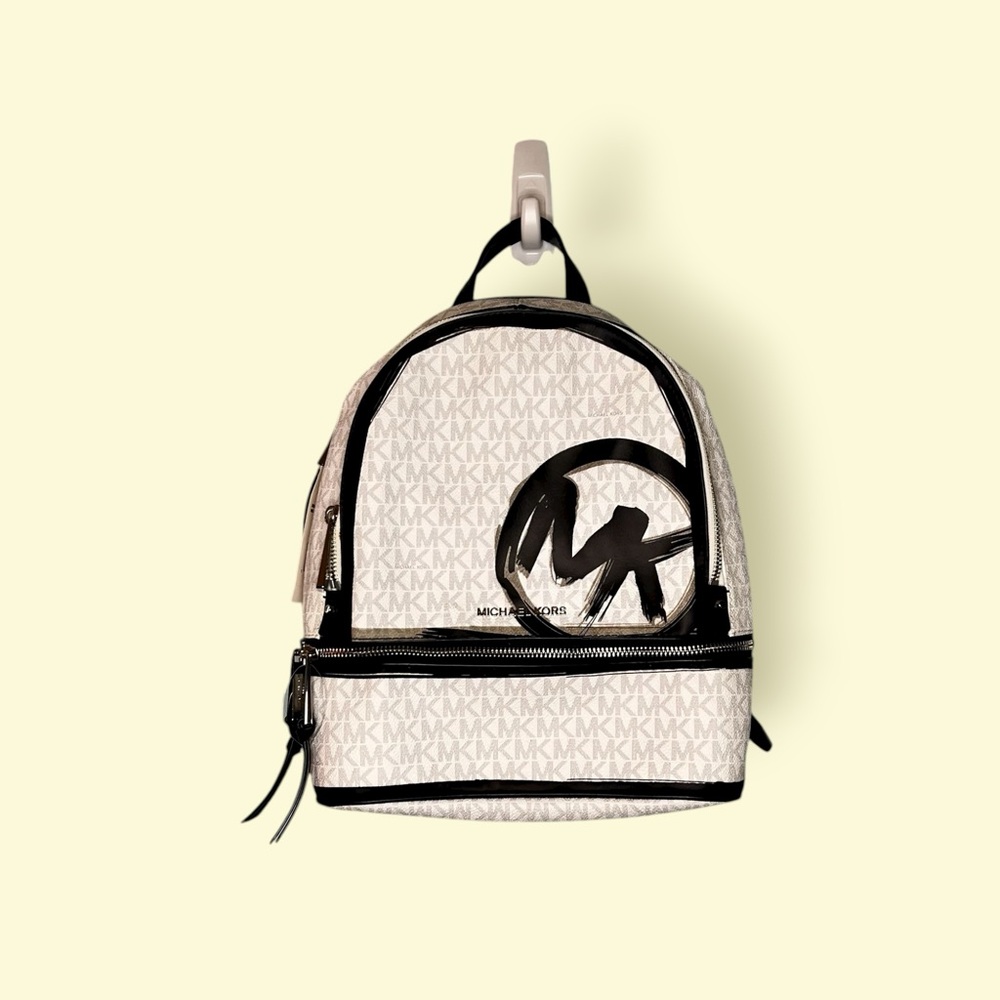 Michael Kors Rhea Zip Medium Leather Backpack White Black Signature LOGO CIRCLE